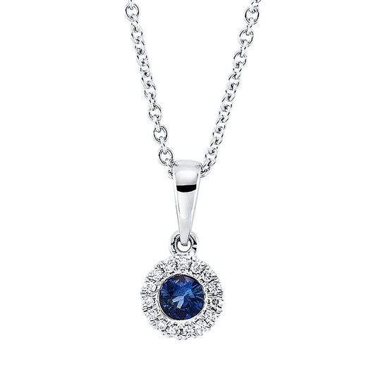 Collier 18 kt WG, mit ZÖ 42 cm, 15 Brill. 0,04 ct, TW-si, 1 Saphir 0,19 ct blau