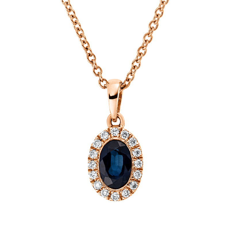 Collier 18 kt RG, mit ZÖ 42 cm, 16 Brill. 0,07 ct, TW-si, 1 Saphir 0,64 ct blau