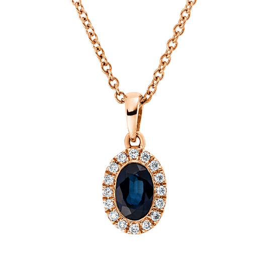 Collier 18 kt RG, mit ZÖ 42 cm, 16 Brill. 0,07 ct, TW-si, 1 Saphir 0,64 ct blau