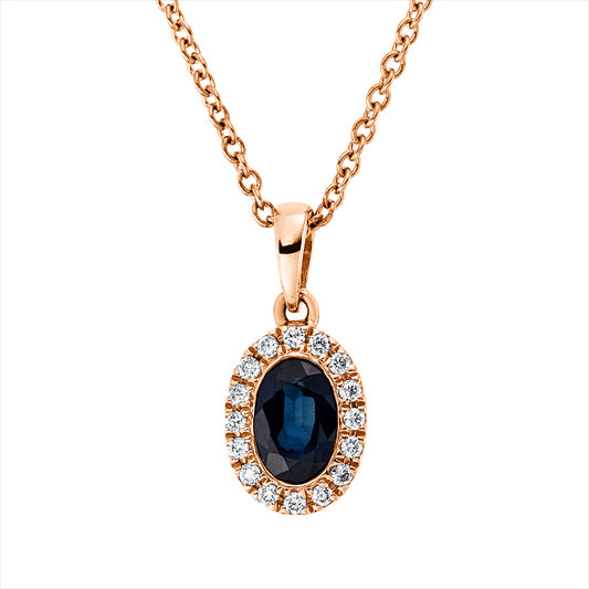 Collier 18 kt RG, mit ZÖ 42 cm, 16 Brill. 0,07 ct, TW-si, 1 Saphir 0,64 ct blau