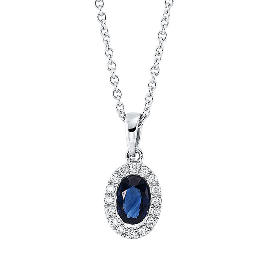Collier 18 kt WG, mit ZÖ 42 cm, 16 Brill. 0,07 ct, TW-si, 1 Saphir 0,57 ct blau