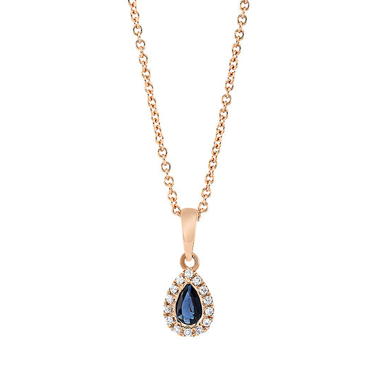 Collier 18 kt RG, mit ZÖ 42 cm, 14 Brill. 0,06 ct, TW-si, 1 Saphir 0,22 ct blau