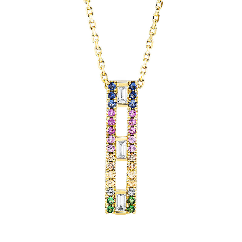 Collier 18 kt GG, mit ZÖ 40 cm + 43 cm, 3 Bag. 0,12 ct, TW-si, 30 Saphire 0,29 ct multicolor