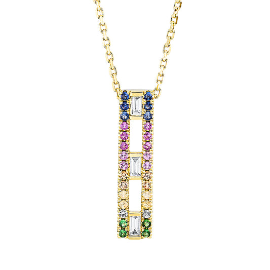 Collier 18 kt GG, mit ZÖ 40 cm + 43 cm, 3 Bag. 0,12 ct, TW-si, 30 Saphire 0,29 ct multicolor