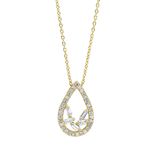 Collier 14 kt GG, 5 Bag. 0,06 ct, F-vsi, 31 Brill. 0,08 ct, F-si