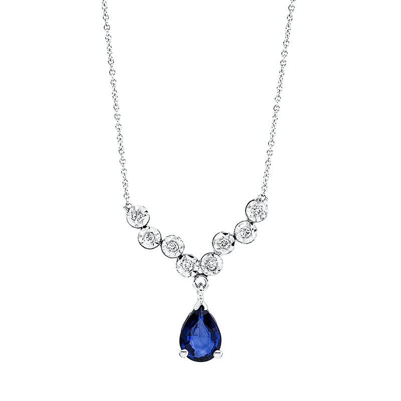 Collier 14 kt WG, 8 Brill. 0,07 ct, F-si, 1 Saphir 0,63 ct blau