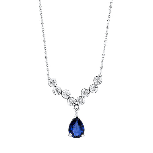 Collier 14 kt WG, 8 Brill. 0,07 ct, F-si, 1 Saphir 0,63 ct blau