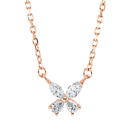 Collier 18 kt RG, mit ZÖ 40 cm, 2 Tropfen 0,07 ct, TW-vsi, 2 Nav. 0,10 ct, TW-vsi