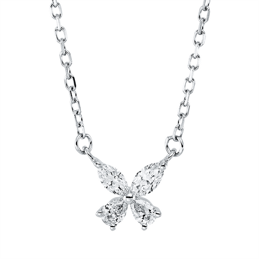 Collier 18 kt WG, mit ZÖ 40 cm, 2 Nav. 0,09 ct, TW-vsi, 2 Tropfen 0,07 ct, TW-vsi