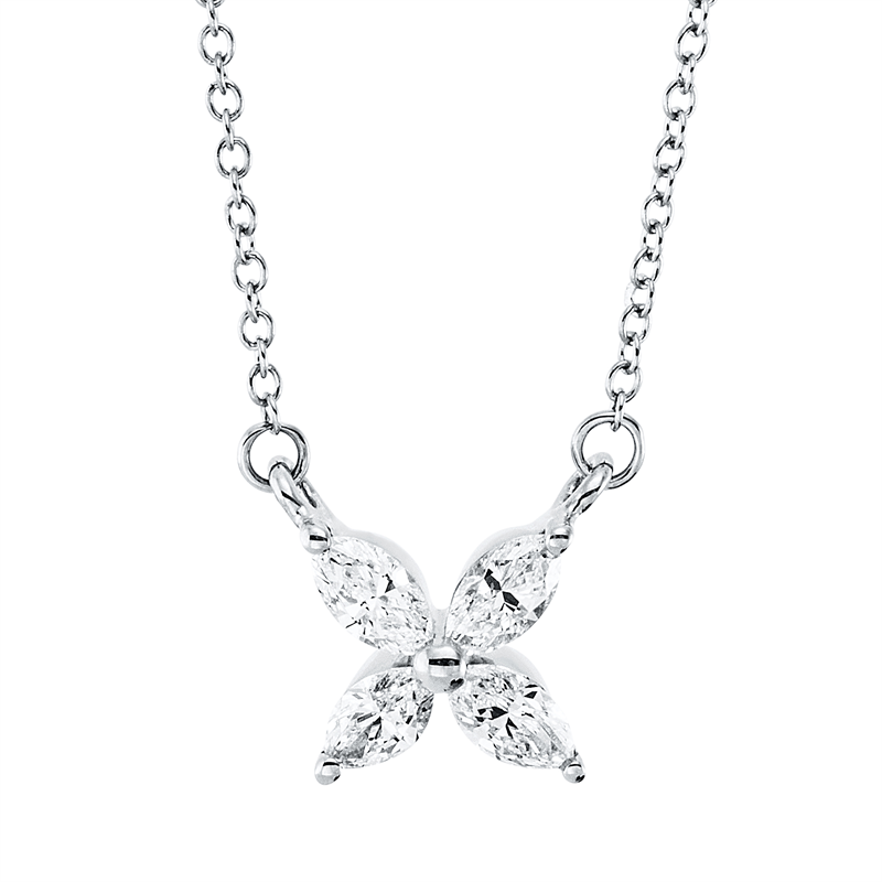 Collier 18 kt WG, mit ZÖ 40 cm, 4 Nav. 0,24 ct, TW-vsi