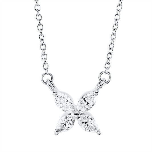 Collier 18 kt WG, mit ZÖ 40 cm, 4 Nav. 0,24 ct, TW-vsi