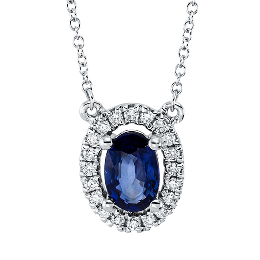 Collier 18 kt WG, mit ZÖ 40 cm, 20 Brill. 0,10 ct, TW-si, 1 Saphir 0,52 ct blau