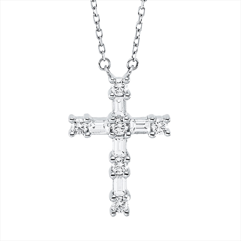 Collier 18 kt WG, mit ZÖ 40 cm, 5 Bag. 0,28 ct, TW-vsi, 6 Brill. 0,23 ct, TW-si