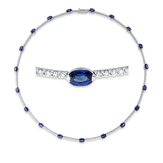 Collier 18 kt WG, 170 Brill. 3,14 ct, TW-vsi/si, 19 Saphire 11,74 ct blau