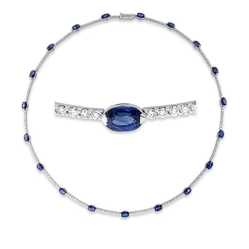 Collier 18 kt WG, 170 Brill. 3,09 ct, TW-vsi/si, 19 Saphire 10,67 ct blau