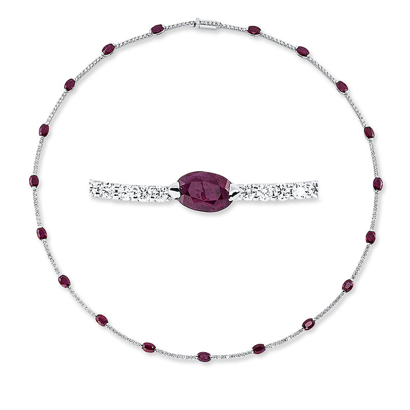 Collier 18 kt WG, 180 Brill. 3,29 ct, TW-vsi/si, 19 Rubine 10,67 ct rot