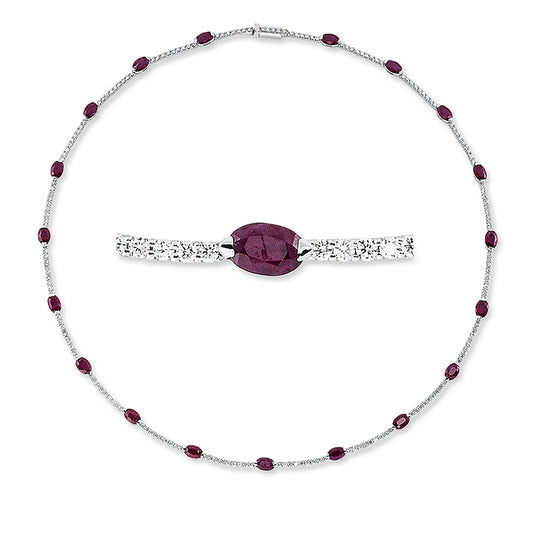 Collier 18 kt WG, 180 Brill. 3,29 ct, TW-vsi/si, 19 Rubine 10,67 ct rot