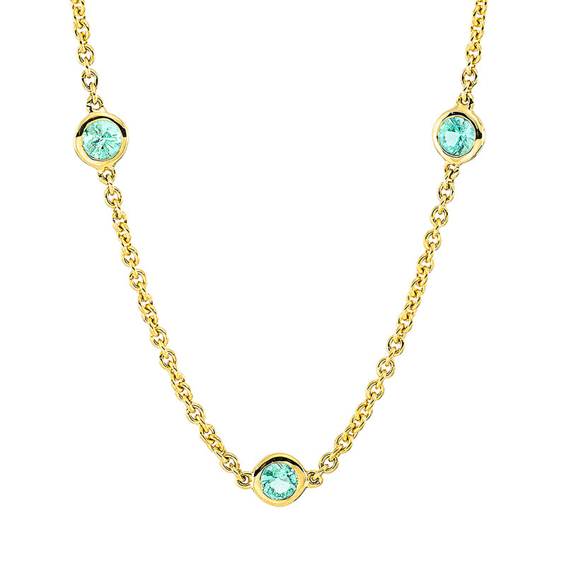 Collier 18 kt GG, mit ZÖ 40 cm + 41,5 cm, 13 Smaragde 1,22 ct grün