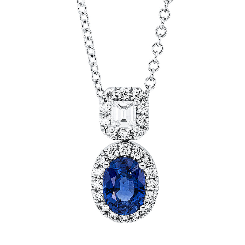 Collier 18 kt WG, mit ZÖ 40,6 cm, 1 Sm.schliff 0,15 ct, TW-vsi, 26 Brill. 0,22 ct, TW-vsi, 1 Saphir 0,99 ct blau