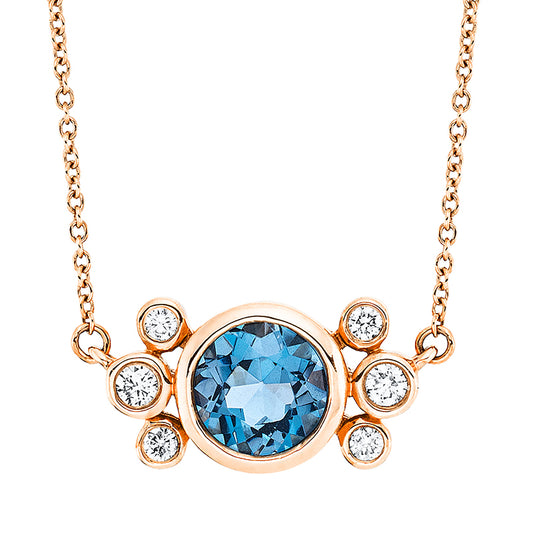 Collier 18 kt RG, mit ZÖ 44.5 cm, 6 Brill. 0,12 ct, TW-pi, 1 Topas 1,16 ct Lond. blue