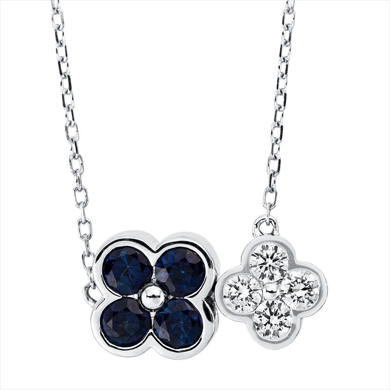 Collier 18 kt WG, mit ZÖ 40 cm, 4 Brill. 0,20 ct, TW-si, 4 Saphire 0,52 ct blau