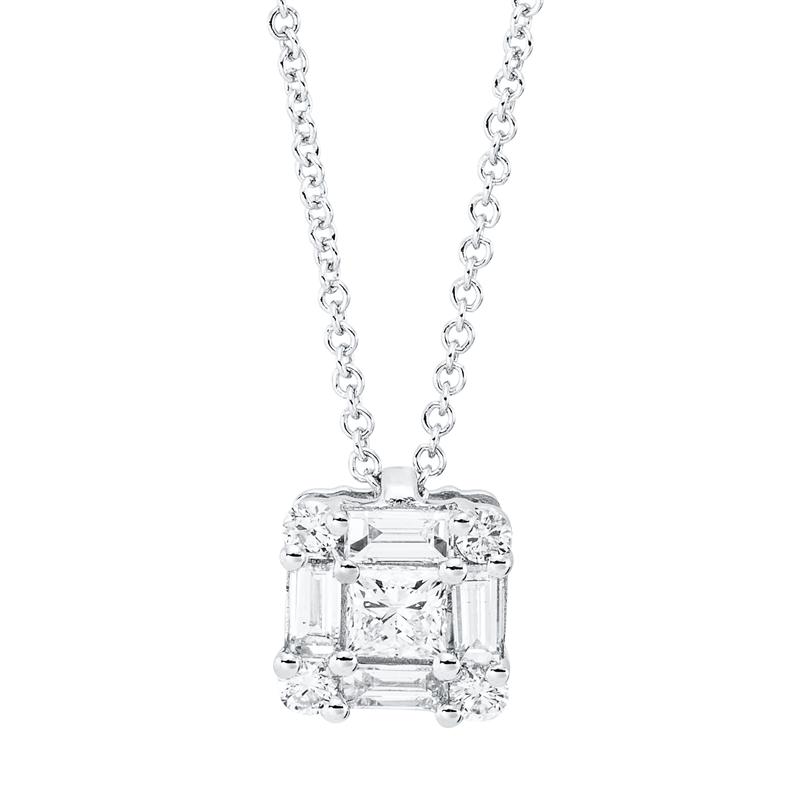 Collier 18 kt WG, 4 Bag. 0,24 ct, TW-si, 1 Princ. 0,17 ct, TW-si, 4 Brill. 0,10 ct, TW-si