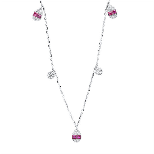 Collier 18 kt WG, mit ZÖ 40 cm + 43 cm, 6 Brill. 0,20 ct,25 Brill. 0,08 ct, TW-si, 10 Rubine 0,34 ct rot