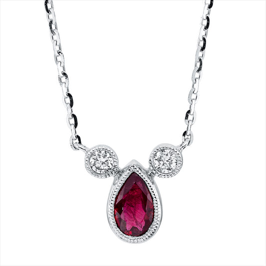 Collier 18 kt WG, mit ZÖ 40 cm + 43 cm, 2 Brill. 0,04 ct, TW-si, 1 Rubin 0,25 ct rot