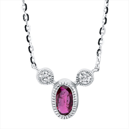 Collier 18 kt WG, mit ZÖ 40 cm + 43 cm, 2 Brill. 0,04 ct, TW-si, 1 Rubin 0,21 ct rot