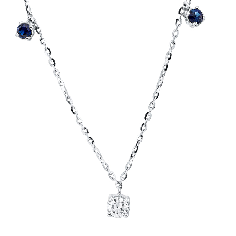 Collier 18 kt WG, mit ZÖ 40 cm + 43 cm, 1 Brill. 0,08 ct, TW-si, 6 Saphire 0,22 ct blau