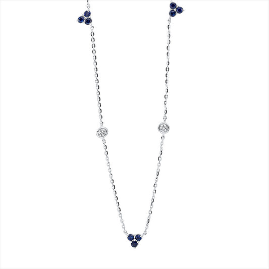 Collier 18 kt WG, mit ZÖ 40 cm + 43 cm, 2 Brill. 0,06 ct, TW-si, 9 Saphire 0,19 ct blau