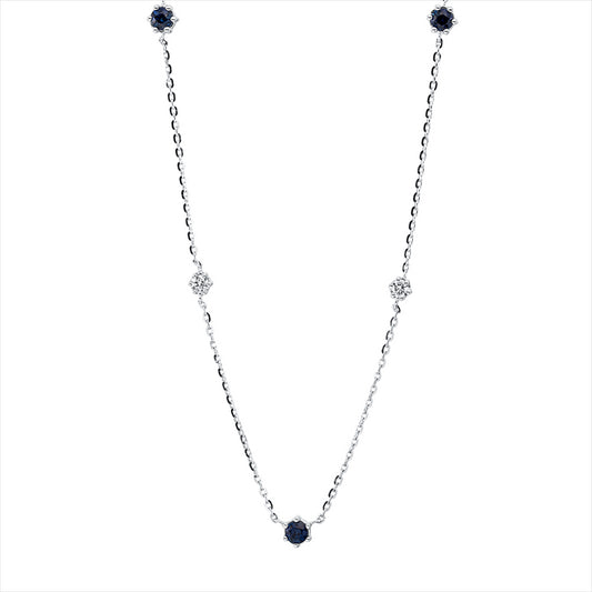 Collier 18 kt WG, mit ZÖ 40 cm + 43 cm, 4 Brill. 0,13 ct, TW-si, 3 Saphire 0,24 ct blau