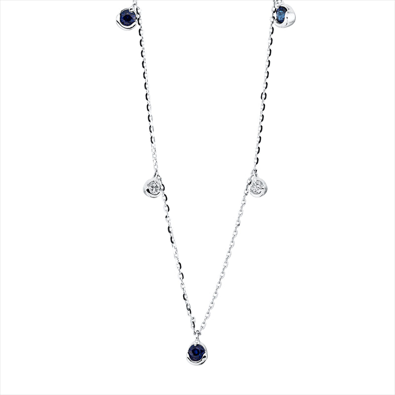 Collier 18 kt WG, mit ZÖ 40 cm + 43 cm, 4 Brill. 0,11 ct, TW-si, 3 Saphire 0,18 ct blau