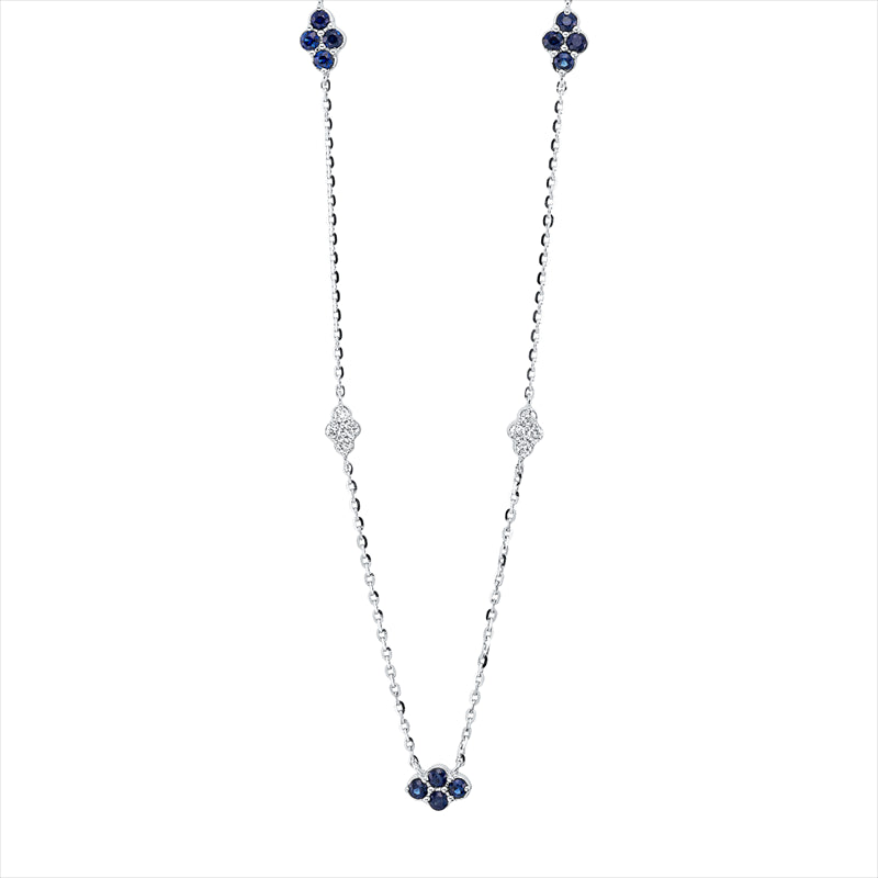 Collier 18 kt WG, mit ZÖ 40 cm + 43 cm, 16 Brill. 0,13 ct, TW-si, 12 Saphire 0,22 ct blau