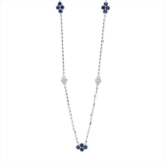 Collier 18 kt WG, mit ZÖ 40 cm + 43 cm, 16 Brill. 0,13 ct, TW-si, 12 Saphire 0,22 ct blau