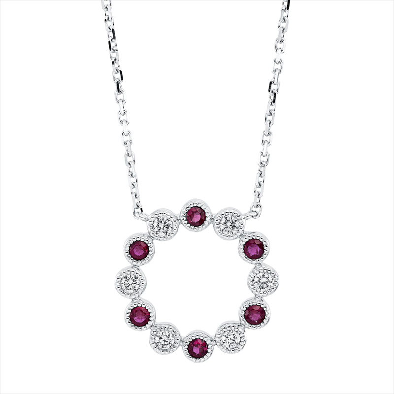 Collier 18 kt WG, mit ZÖ 40,6 cm . 43,2 cm, 6 Brill. 0,24 ct, TW-si, 6 Rubine 0,24 ct rot