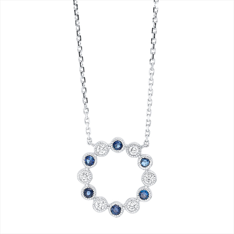 Collier 18 kt WG, mit ZÖ 40,6 cm . 43,2 cm, 6 Brill. 0,24 ct, TW-si, 6 Saphire 0,30 ct blau