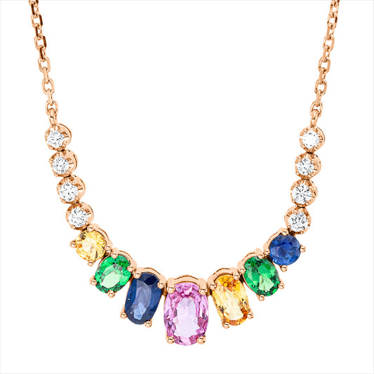 Collier 18 kt RG,8 Brill. 0,17 ct, TW-si, 5 Saphire 1.43ct multicolor, 2 Tsavorith 0,36 ct grün