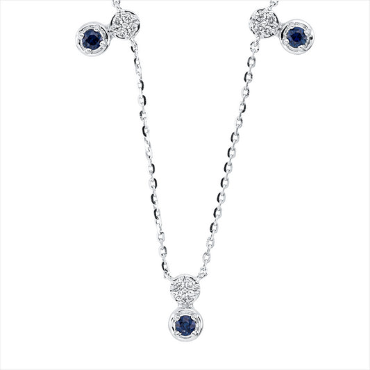 Collier 18 kt WG, mit ZÖ 40 cm + 43 cm, 20 Brill. 0,11 ct, TW-si, 5 Saphire 0,22 ct blau