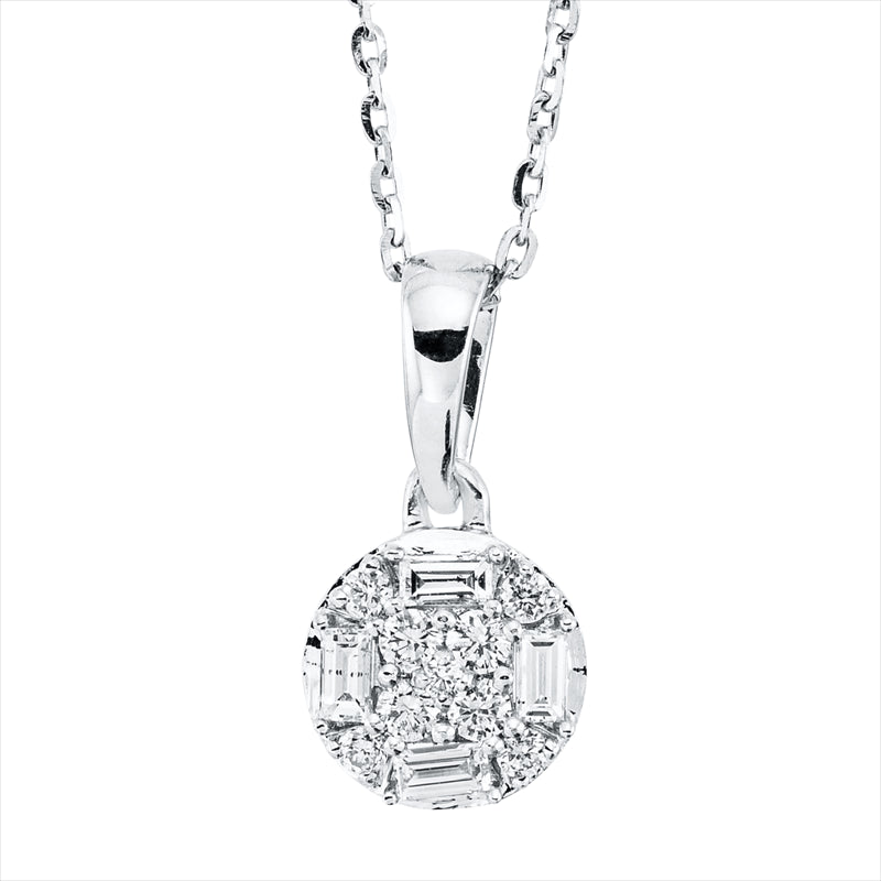 Collier 18 kt WG, mit ZÖ 40 cm + 43 cm, 4 Brill. 0,05 ct, TW-si, 4 Bag. 0,08 ct, TW-si, 5 Brill. 0,03 ct-si