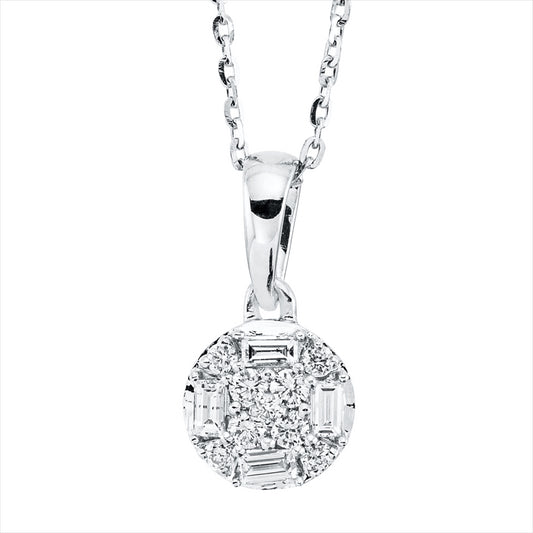 Collier 18 kt WG, mit ZÖ 40 cm + 43 cm, 4 Brill. 0,05 ct, TW-si, 4 Bag. 0,08 ct, TW-si, 5 Brill. 0,03 ct-si