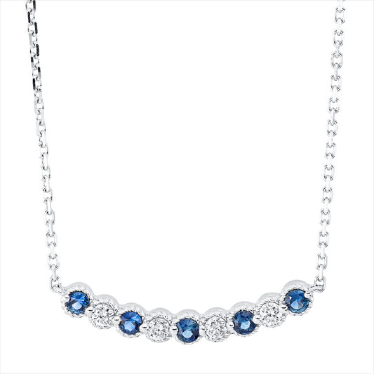 Collier 18 kt WG, mit ZÖ 40,6 cm & 43,2 cm, 4 Brill. 0,14 ct, TW-si, 5 Saphire 0,23 ct blau