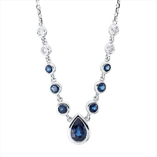 Collier 18 kt WG, 4 Brill. 0,12 ct, TW-si, 1 Saphir 0,52 ct blau, 6 Saphire 0,40 ct blau