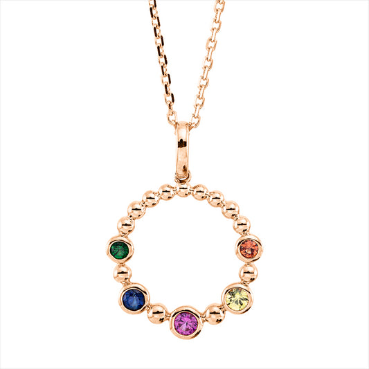 Collier 18 kt RG, mit ZÖ 40,6 cm & 43,2 cm, 1 Granat 0,05 ct grün, 4 Saphire 0,32 ct fancy