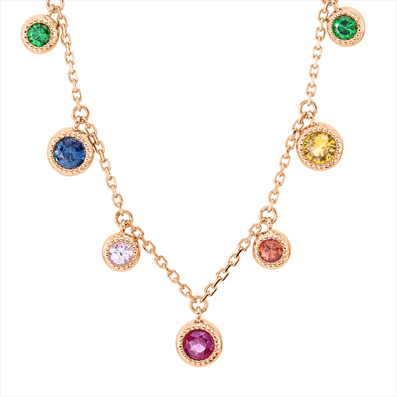 Collier 18 kt RG,1 Rubi0,18ct,1 Sap 0,10 ct ora,1 Sap 0,21 ct,1 Sap 0,09 ct pi,2 Tsav0,18 ct,1 Sap0,20 ct gelb