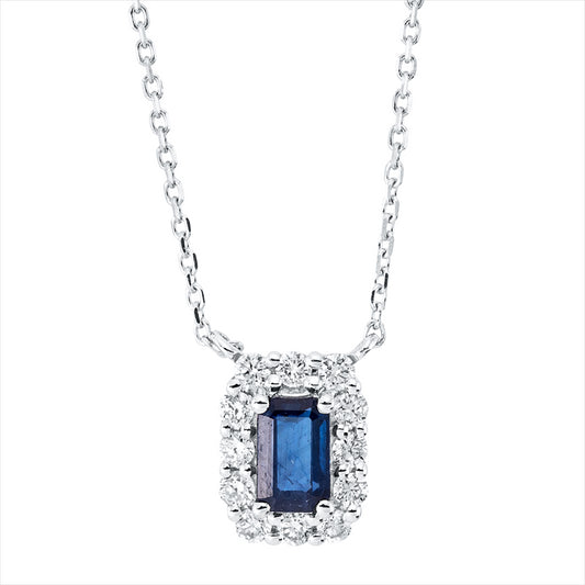 Collier 18 kt WG, mit ZÖ 40,6 cm & 43,2 cm, 12 Brill. 0,20 ct, TW-si, 1 Saphir 0,38 ct blau