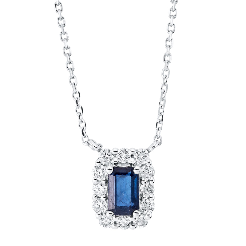 Collier 18 kt WG, mit ZÖ 40,6 cm & 43,2 cm, 12 Brill. 0,20 ct, TW-si, 1 Saphir 0,38 ct blau