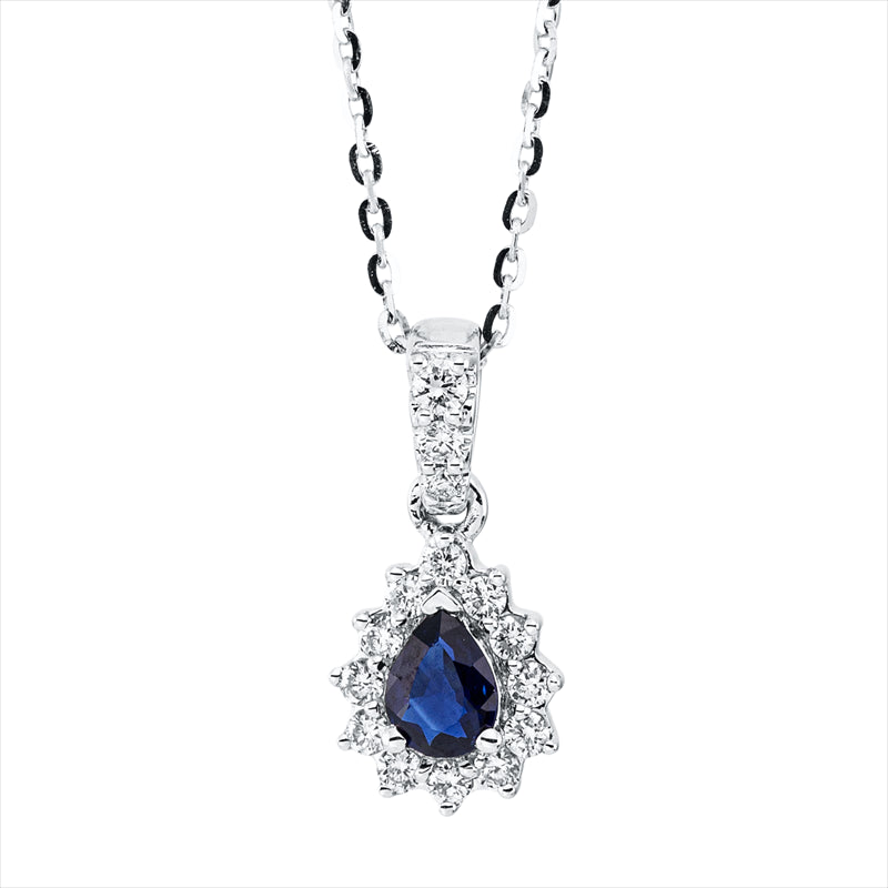 Collier 18 kt WG, mit ZÖ 40 cm + 43 cm, 1 Brill. 0,01 ct, TW-si, 14 Brill. 0,10 ct, TW-si, 1 Saphir 0,16 ct blau