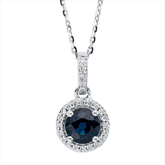 Collier 18 kt WG, mit ZÖ 40 cm + 43 cm, 25 Brill. 0,08 ct, TW-si, 1 Saphir 0,56 ct blau