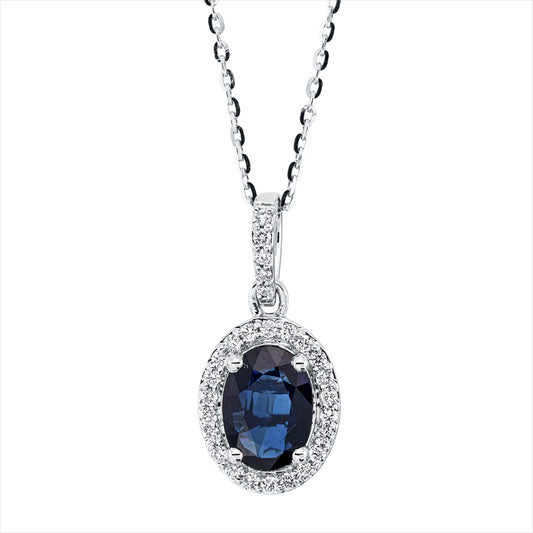 Collier 18 kt WG, mit ZÖ 40 cm + 43 cm, 27 Brill. 0,11 ct, TW-si, 1 Saphir 0,61 ct blau